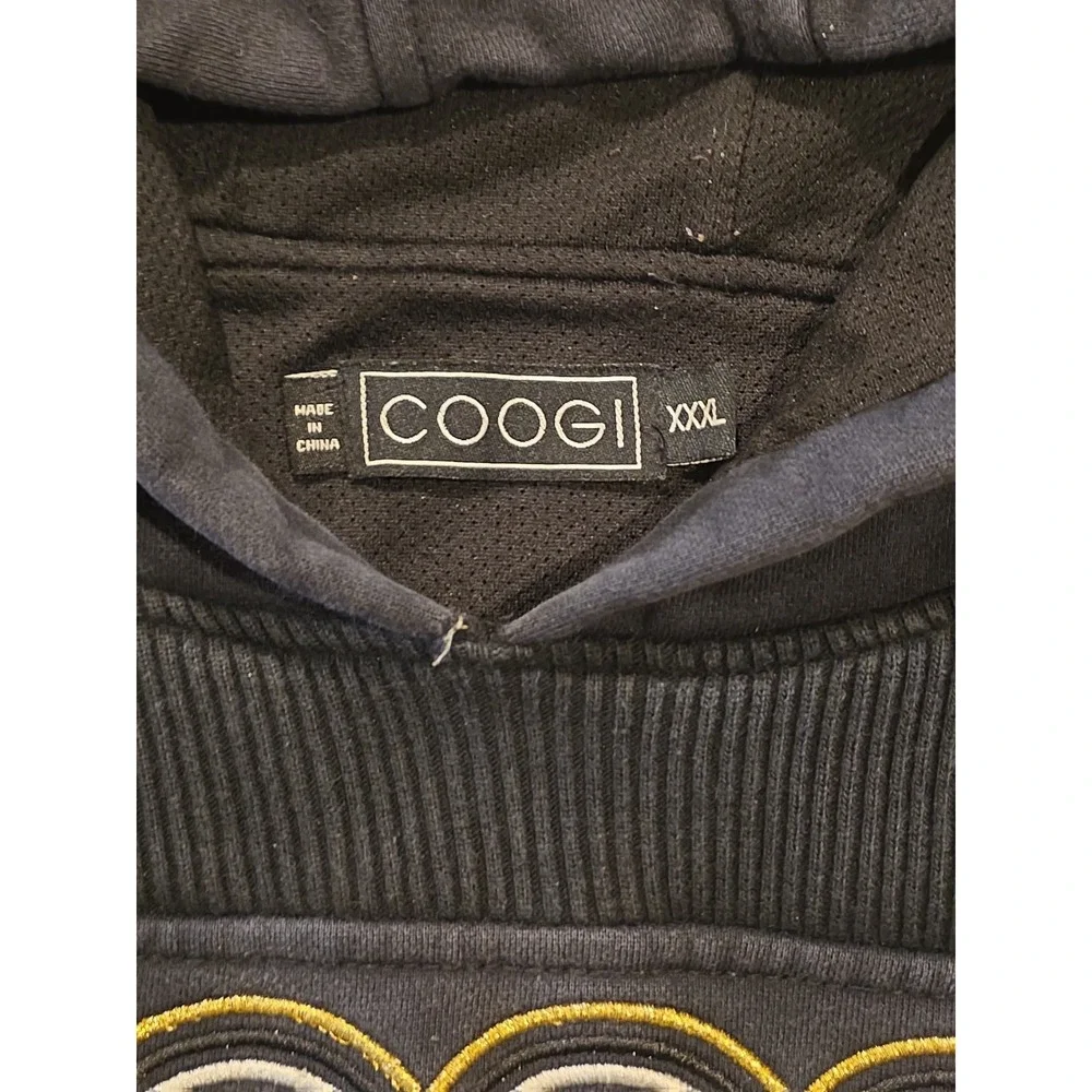 COOGI XXXL Embroidered Hoodie Sweatshirt Crest Logo Black Purple Bleach Spot